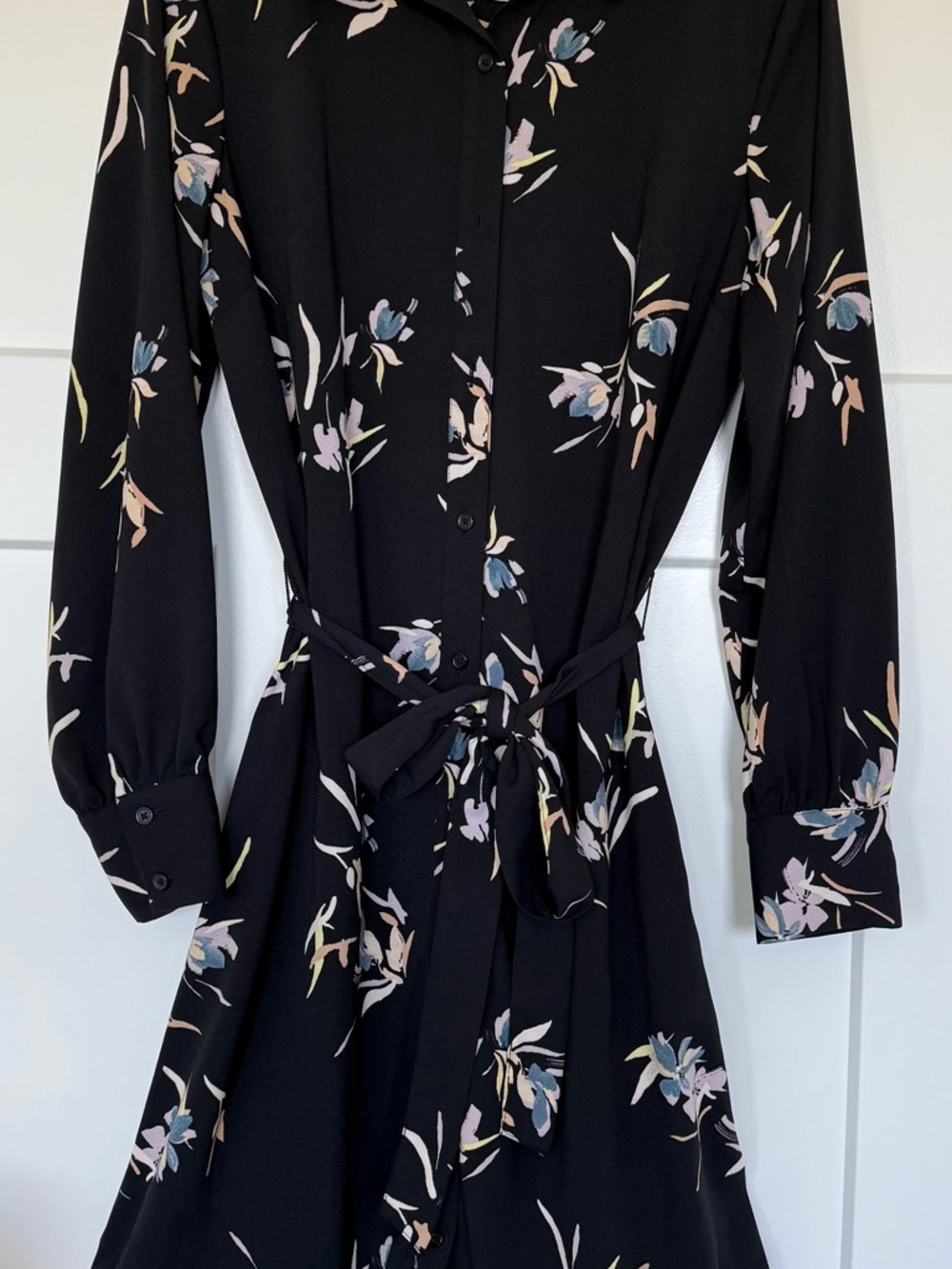 a new day Black Floral Tie-Waist Long Sleeve Shirt Dress